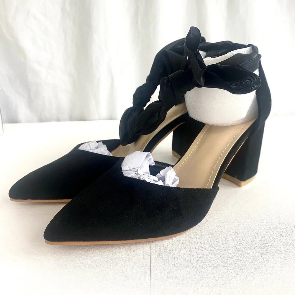 SHEIN Black Block Heels with Sheer Ribbon Ankle Tie Bow Size 36 US 6 Shoes NIB